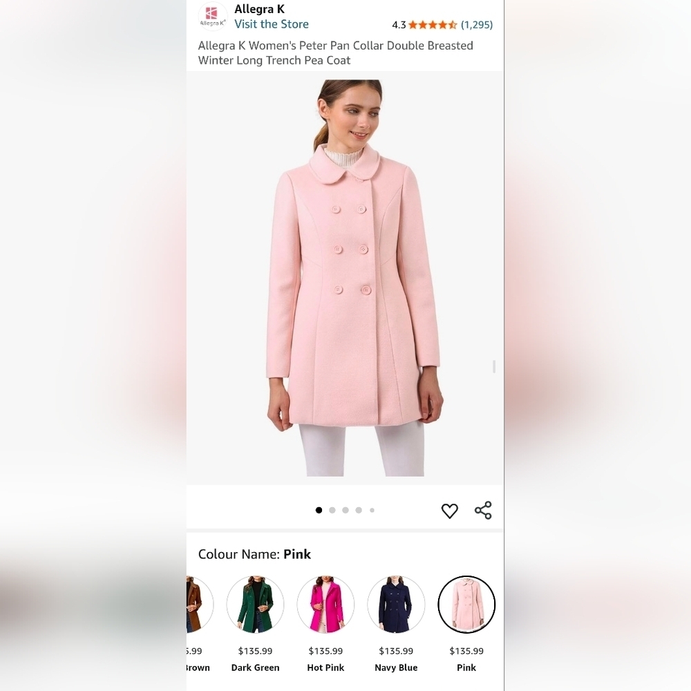 AllegraK Pink Peter Pan Collar Double Breasted Winter Long Trench Pea Coat NWT S